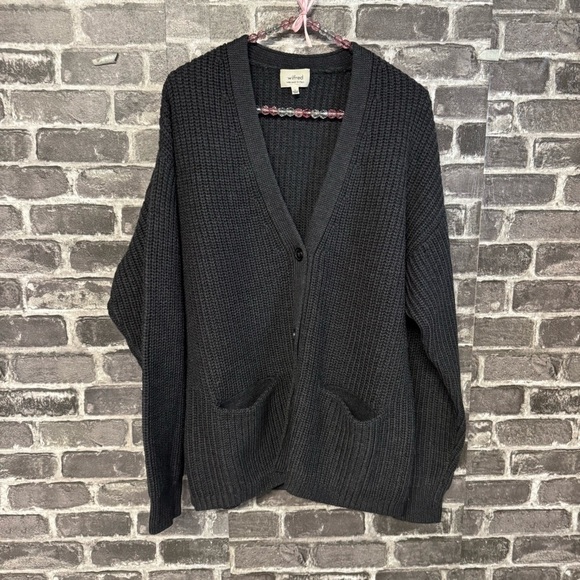 Aritzia Wilfred dark gray 100% wool cardigan sweater pockets vneck - Picture 1 of 8